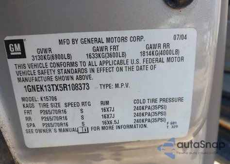 2005 Chevrolet Tahoe Ls z USA, uszkodzony, nr VIN 1GNEK13TX5R108373